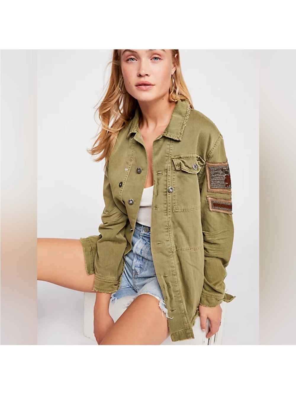 Free People Olive Green Military Patchwork Utility Jacket